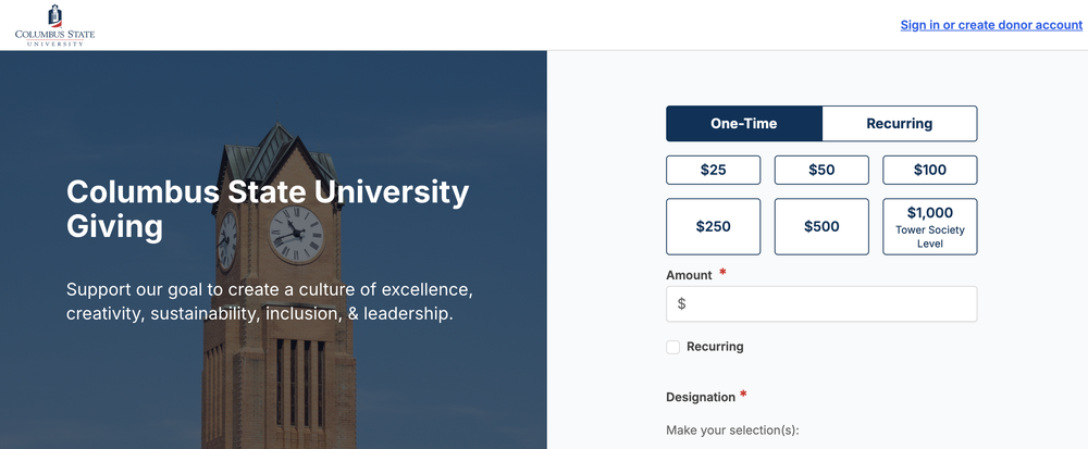 The CSU Giving page, with amount choices and the Designation section on the right