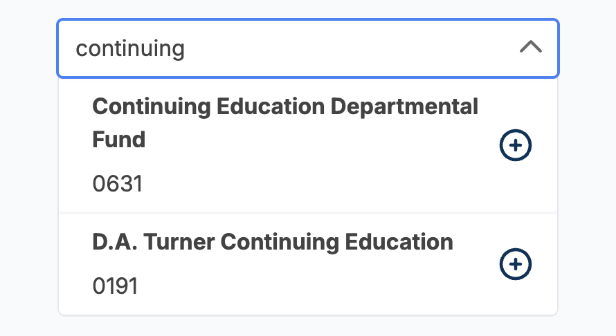 The designation search with continuing typed in, showing the Continuing Education Departmental Fund (0631) and D.A. Turner Continuing Education (0191)