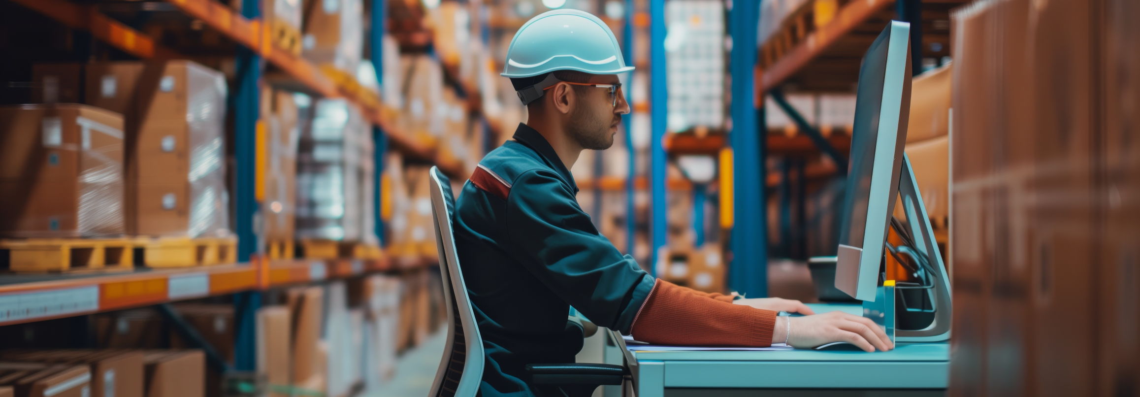 Man working on computer in warehouse