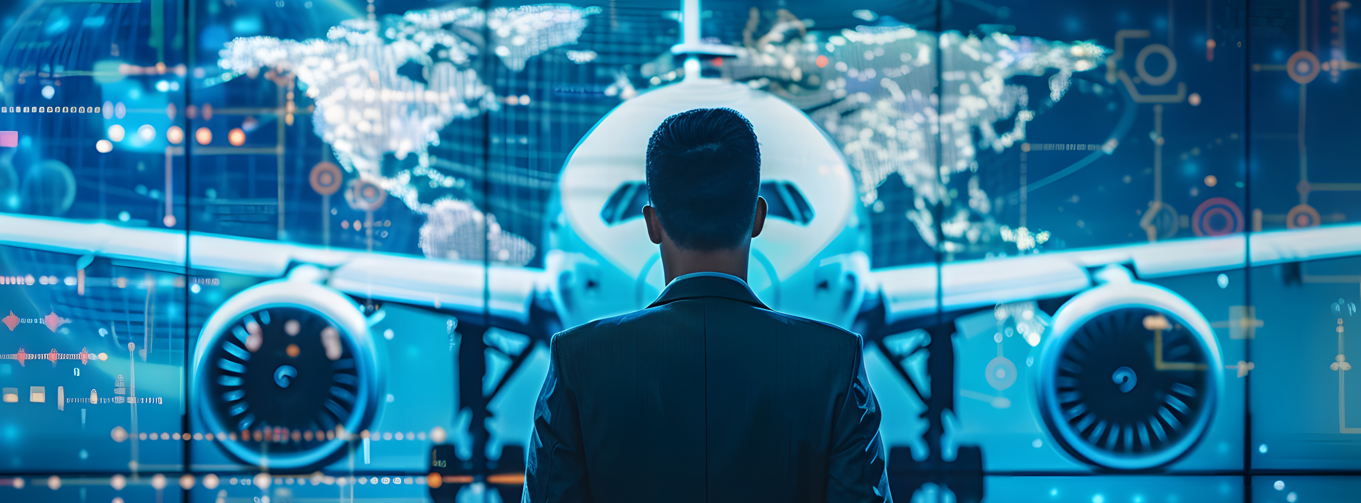 Man viewing virtual screen with airplane and global map locations