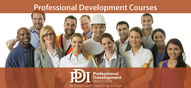 Professional Development Courses. Adults from different professions standing together. Professional Development Institute at Lincoln Land Community College logo.