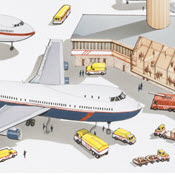 Illustration of busy airport terminal