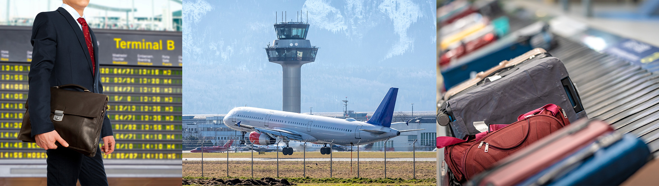 Collage with man walking by airport departure sign, airplane taking off, and luggage on an airport carousel