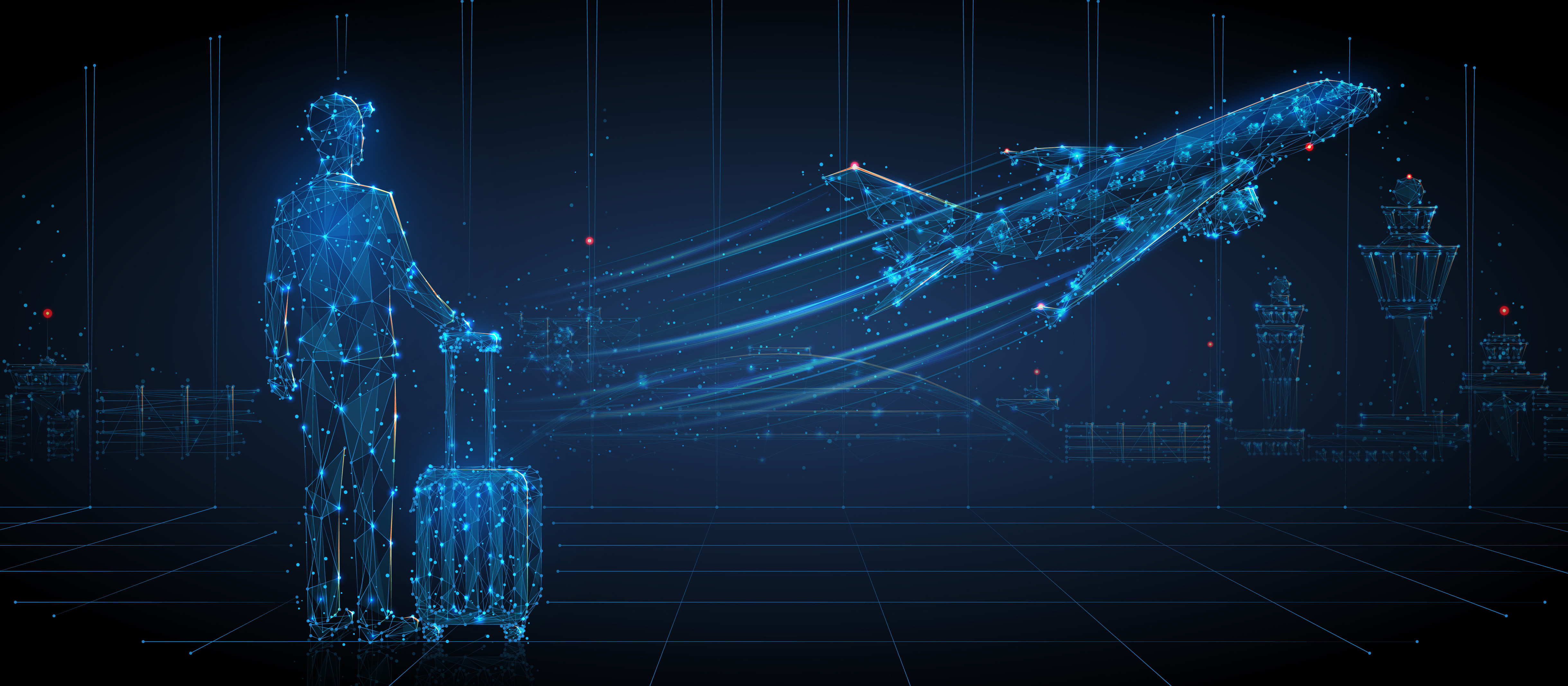 Digital blueprint of passenger and luggage peering at a jet in flight