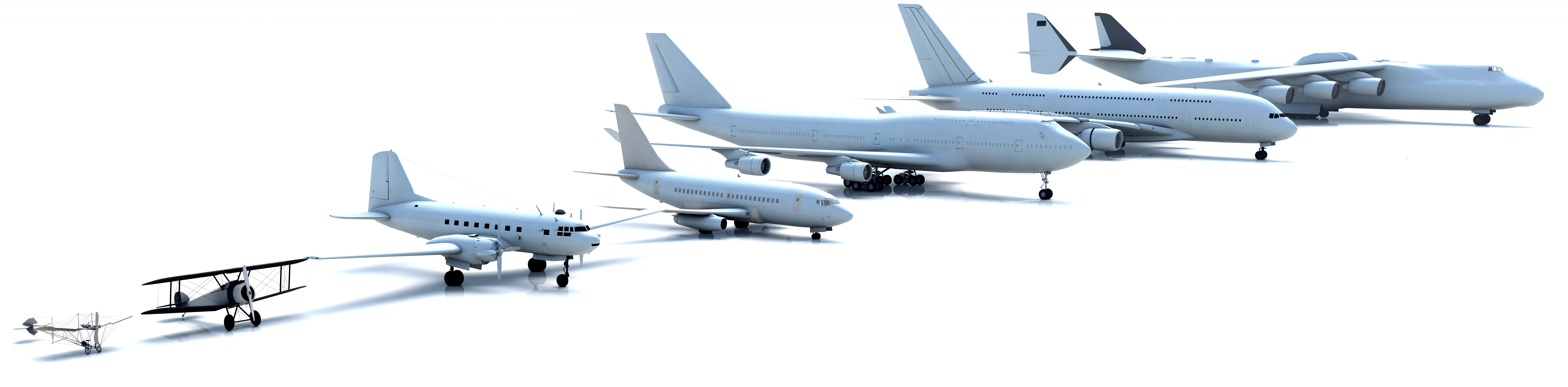 Row of various airplanes from small to jumbo