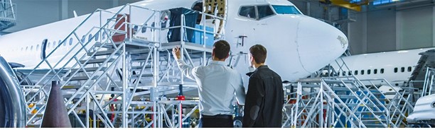 Aviation professionals inspecting an airplane