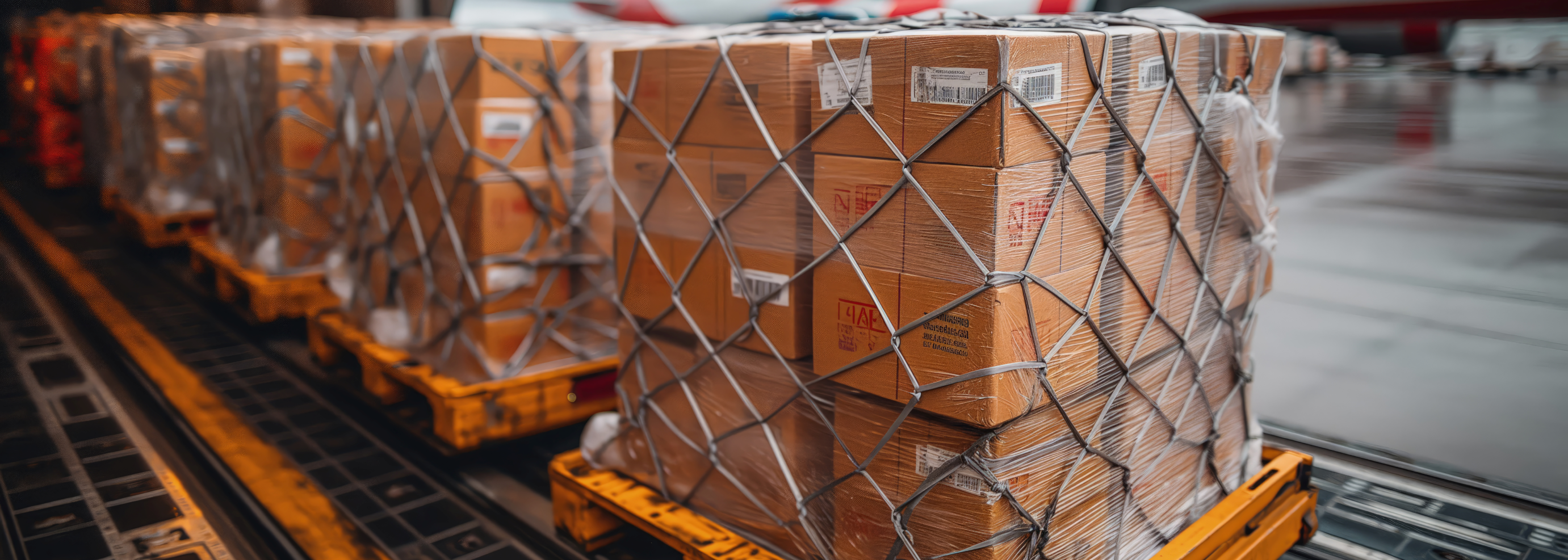 Cargo on pallets outside an airplane