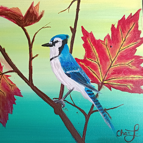Blue Jay on Fall Leaves Painting