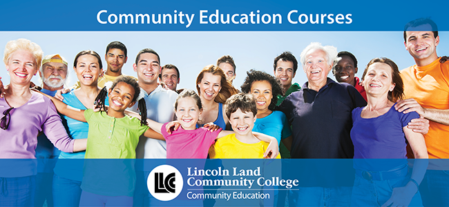 Community Education Courses. Group of children standing together. Lincoln Land Community College Community Education logo.